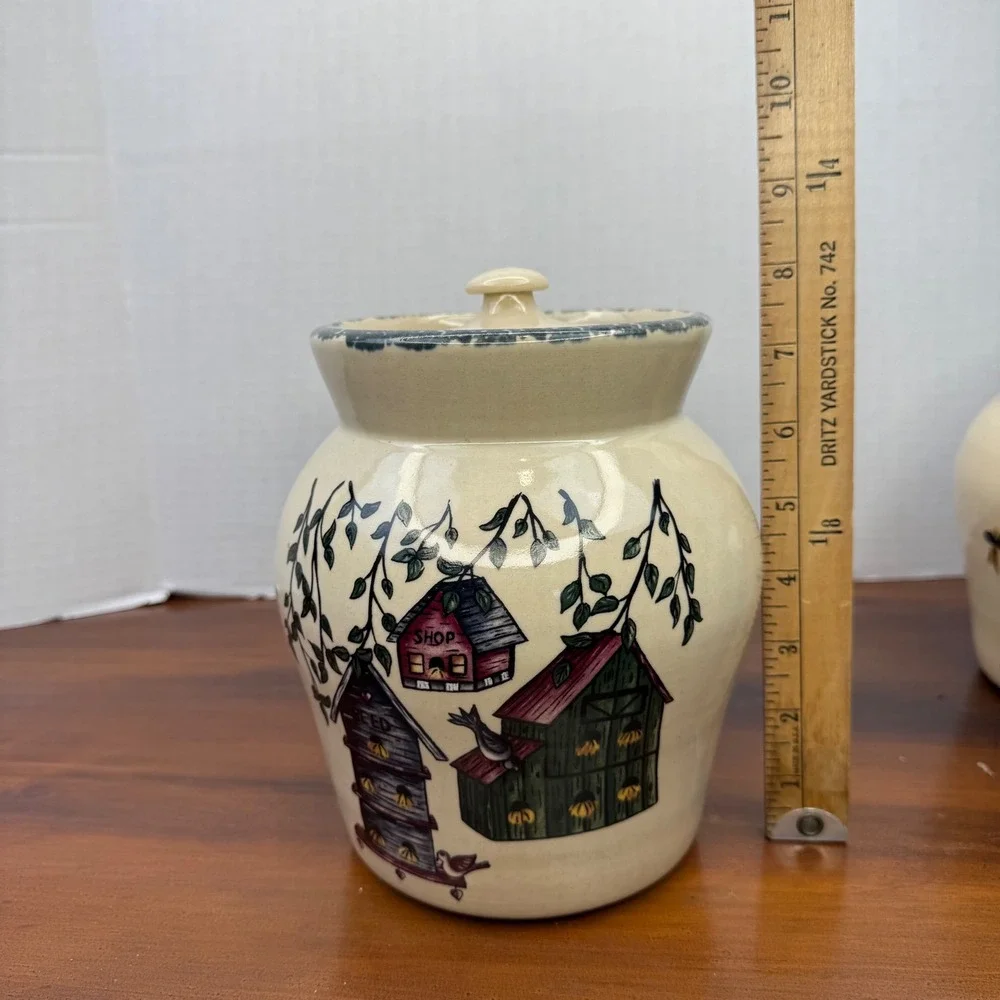 Home & Garden Party Birdhouse Canister Set 3pc Stoneware USA 2001 Vintage